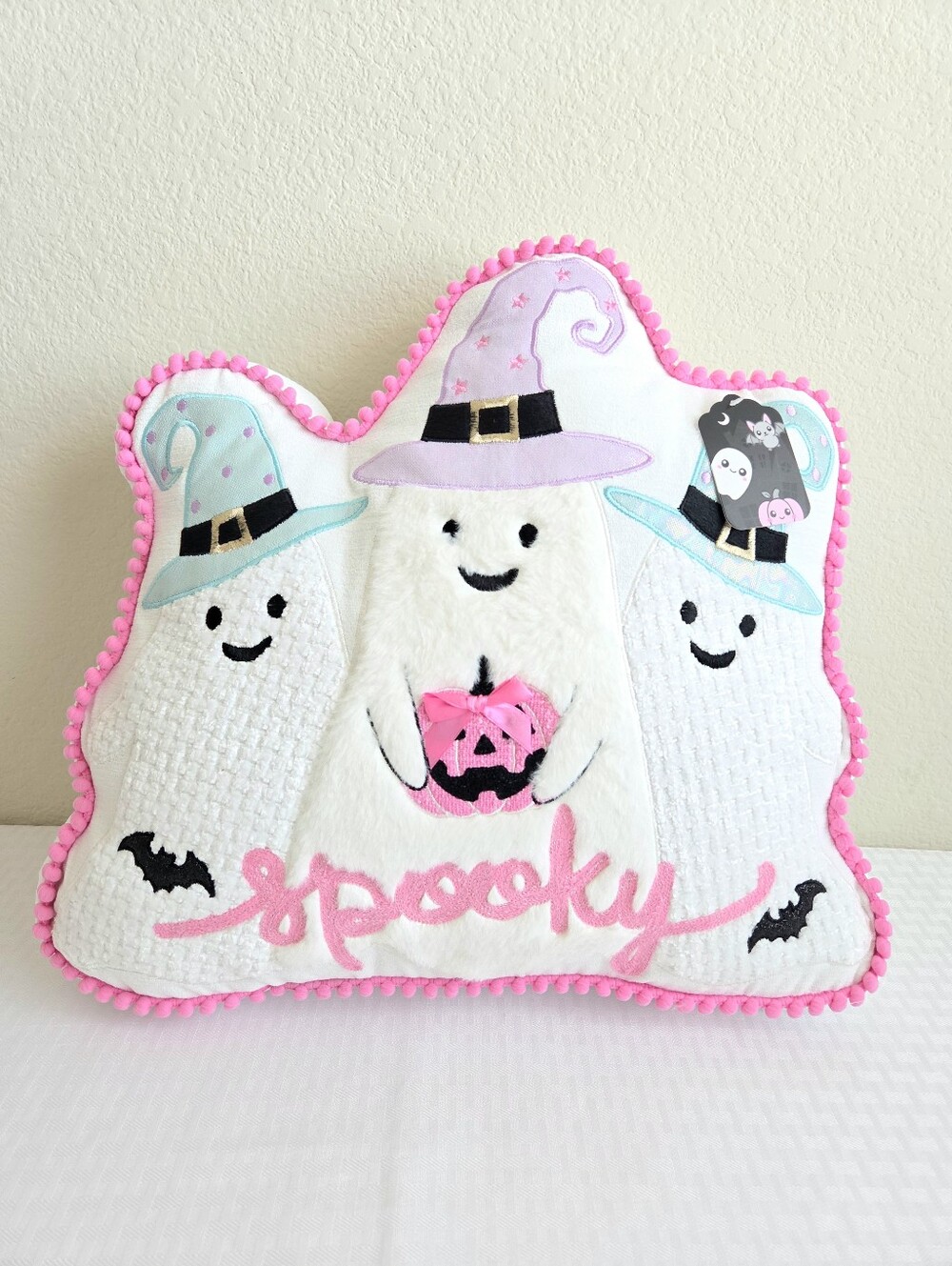 Halloween Decor Pillow SPOOKY Wizard Ghosts Pink Pom Pom Trim